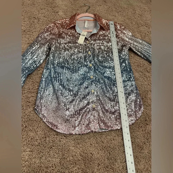 NWT new Anthropologie ombré sequin button down shirt XS blue peach pastel - Picture 16 of 17